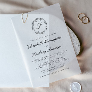 Klassischer Schwarz-Weiß-Monogramm-Kranz in Schrei Pergament Einladungen