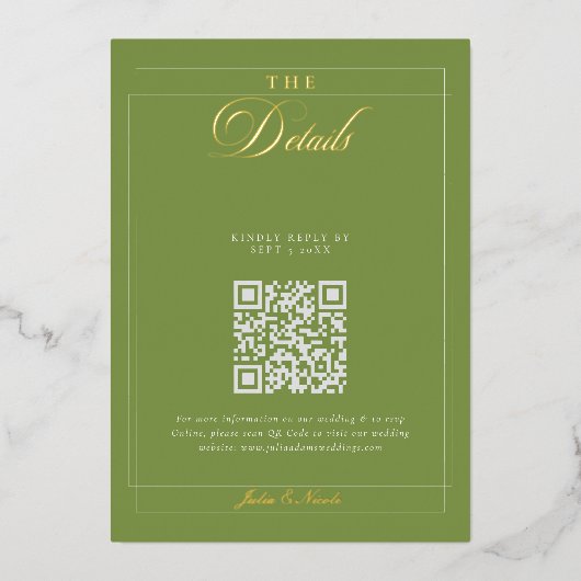 Klassischer schwarzer grüner Kalligrafie-QR-Code D Folieneinladung (Vorderseite)