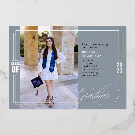 Klassischer Script-Abschluss Blau & Silber Folieneinladung (Vorderseite)