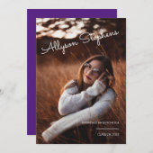 Klassischer Script White Text Foto Lila Abschluss Ankündigung (Vorne/Hinten)