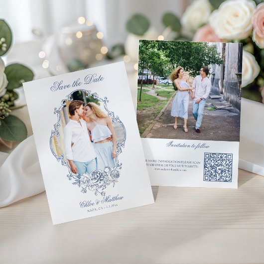 Klassischer Staubblauer Blumenfoto-Rahmen Hochzeit Save The Date