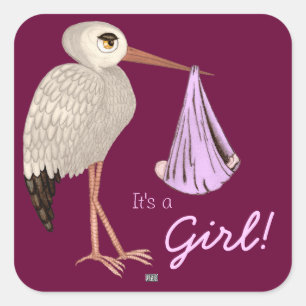 Klassischer Storch (Rosa) (Babyparty) Quadratischer Aufkleber