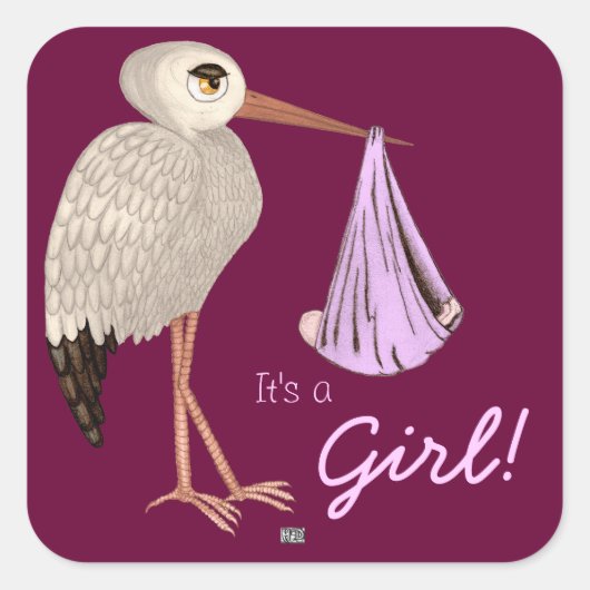 Klassischer Storch (Rosa) (Kinderdusche) Quadratischer Aufkleber (Vorderseite)