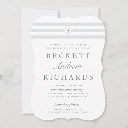 Klassischer Streifen erste heilige Kommunion Einla Einladung (Vorderseite)
