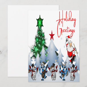 Klassischer tanzender Weihnachtsmann und Rentiere Feiertagskarte