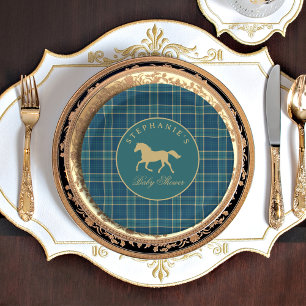 Klassischer Tartan-Karo-Pferd Reitsport-Baby-Party Pappteller