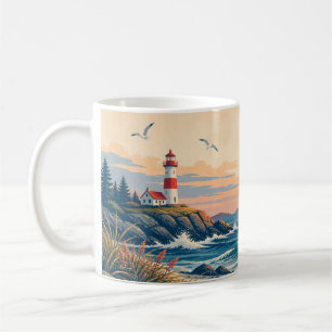 Klassischer Tasse mit Leuchtturm am Meer bei Sonne