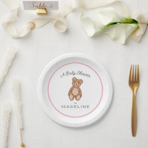 Klassischer Teddy Bear Pink White Baby Dusche Pappteller