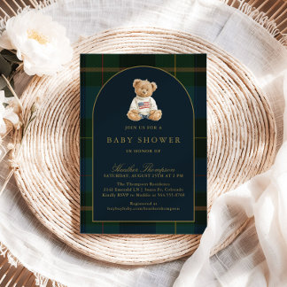 Klassischer Teddybär Grün & Blau Kariert Baby Show Einladung