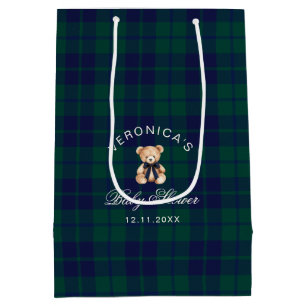 Klassischer Teddybär Navy Kariert Baby Shower Mittlere Geschenktüte