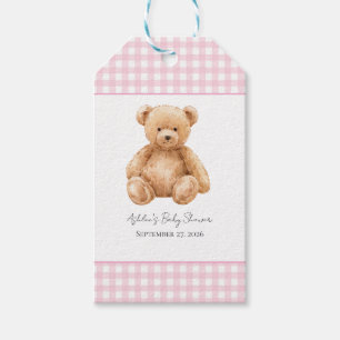 Klassischer Teddybär Rosa Gingham-Baby-Party Geschenkanhänger