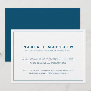 Klassischer Text Minimal Marine Blau-Weiß Hochzeit Einladung