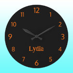 Klassischer und eleganter Name Schwarz und Sunset  Große Wanduhr<br><div class="desc">Klassische und elegante Schwarz und Neon Sunset Orange Name Large Clock</div>