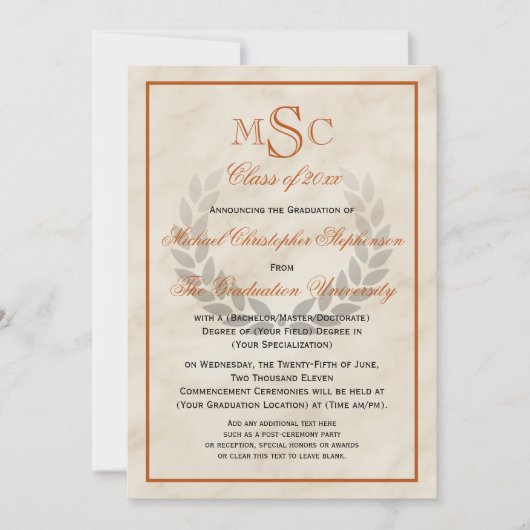 Klassischer Uni-Abschluss für Marmorwreath Monogra Einladung (Vorderseite)