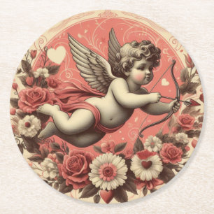 Klassischer/Vintag/Retro-Kupid Valentinstag Runder Pappuntersetzer