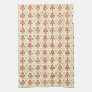 Klassischer Vintage-Damaskus Rot Grün Beige Geschirrtuch