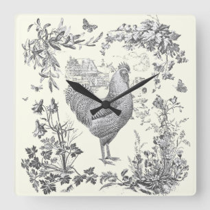 Klassischer Vintage-Hahn Grau Floral Toile Quadratische Wanduhr