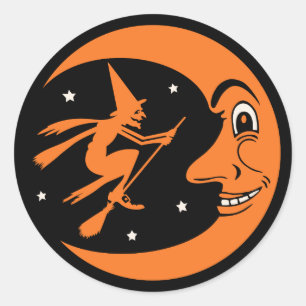 Klassischer Vintage-Halloween-Mond und Hexe Runder Aufkleber