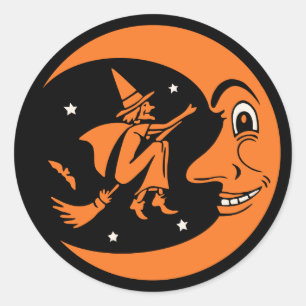 Klassischer Vintage-Halloween-Mond und Hexe Runder Aufkleber