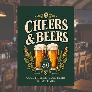 Klassischer Vintage-Männer Cheers & Beers 50. Gebu Einladung