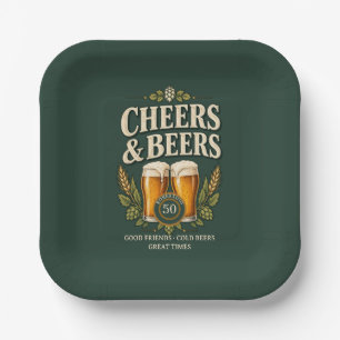 Klassischer Vintage-Männer Cheers & Beers 50. Gebu Pappteller