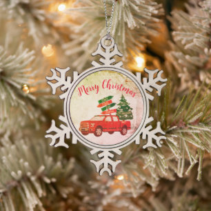 Klassischer Vintage-Roter LKW Familienname Weihnac Schneeflocken Zinn-Ornament