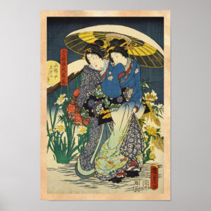 Klassischer vintage ukiyo-e zwei Geishas mit Regen Poster