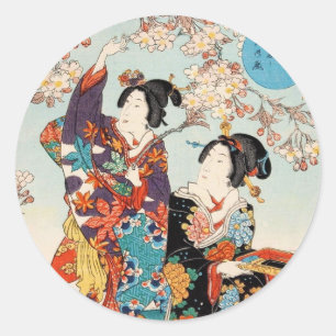 Klassischer Vintage-Ukiyo-e zwei Geishas Utagawa-K Runder Aufkleber