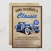 Klassischer Vintager blauer Wagen Fünfzig Geburtst Einladung (Vorne/Hinten)