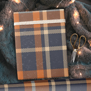 Klassischer Vintager Herbst Blau und Orange Karier Geschenkpapier