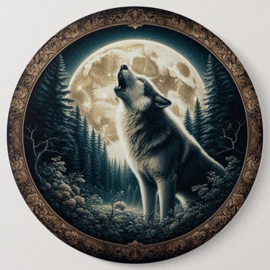 Klassischer, Vintager Wolf und Mond Button (Vorderseite)