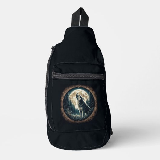 Klassischer, Vintager Wolf und Mond Crossbody Bag (Vorderseite)