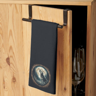 Klassischer, Vintager Wolf und Mond Geschirrtuch