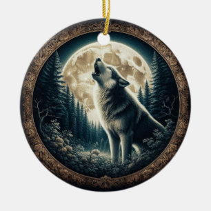 Klassischer, Vintager Wolf und Mond Keramik Ornament