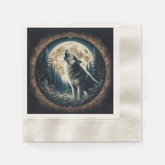 Klassischer, Vintager Wolf und Mond Serviette (Vorderseite)