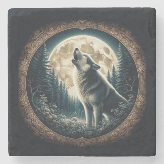 Klassischer, Vintager Wolf und Mond Steinuntersetzer (Vorderseite)
