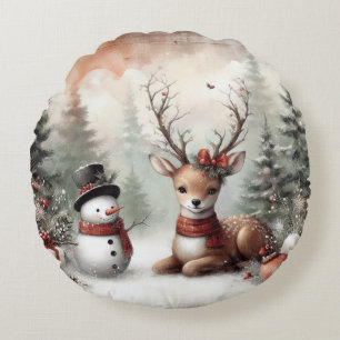 Klassischer Wald-Weihnachtshirsch/Schneemann Rundes Kissen