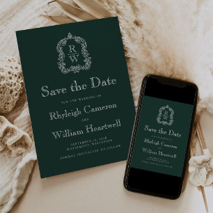 Klassischer, Waldgrüner Monogramm-Wappenschild-Sch Save The Date