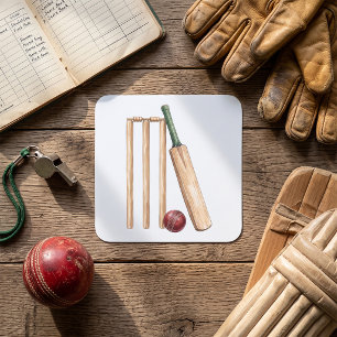 Klassischer Wasserfarb-Cricket-Schläger und -Ball Quadratischer Aufkleber