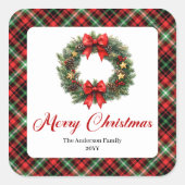 Klassischer Wasserfarbe-Weihnachtskranz-Name-Aufkl Quadratischer Aufkleber (Vorderseite)