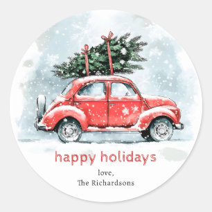 Klassischer Wasserfarben-Roter-Auto-Weihnachtsbaum Runder Aufkleber