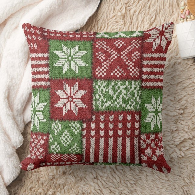 Klassischer Weihnachts-Patchwork-Strick - Rot, Grü Kissen (Decke)