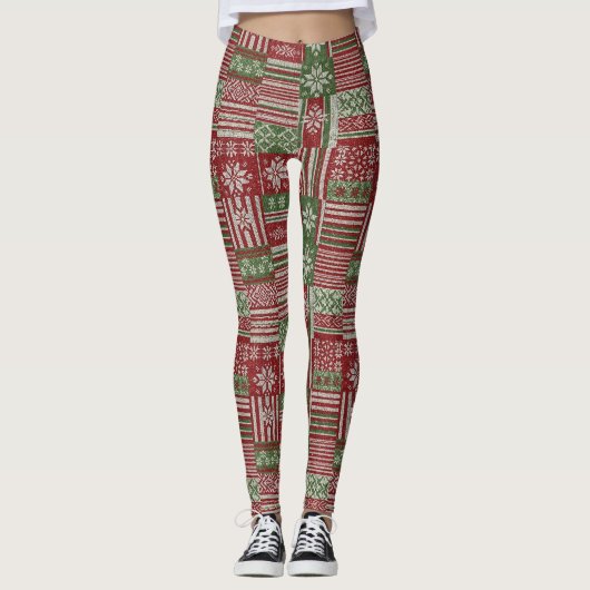 Klassischer Weihnachts-Patchwork-Strick - Rot, Grü Leggings (Vorderseite)