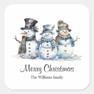 Klassischer Weihnachts-Wasserfarben-Schneemann Quadratischer Aufkleber