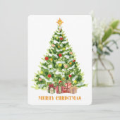 Klassischer Weihnachtsbaum präsentiert Aquarellbil Feiertagskarte (Stehend Vorderseite)