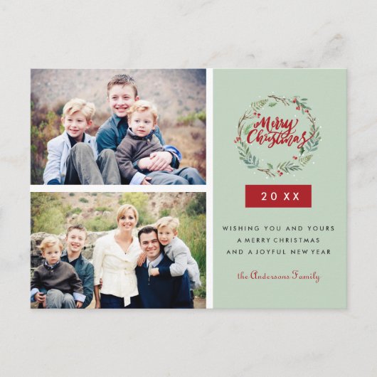 Klassischer Weihnachtskranz zwei Fotos Personalisi Postkarte (Vorderseite)