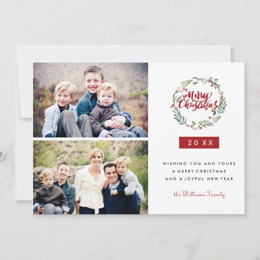 Klassischer Weihnachtskranz - zwei Fotos Urlaub Einladung (Vorderseite)
