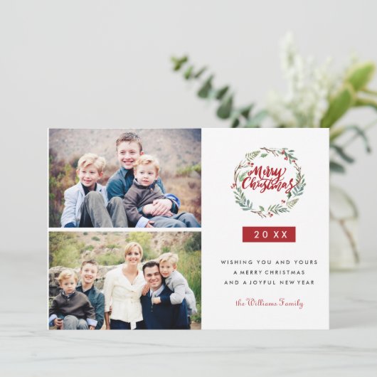 Klassischer Weihnachtskranz - zwei Fotos Urlaub Einladung (Stehend Vorderseite)