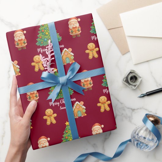 Klassischer Weihnachtsmann-Gingerbread-Burgunder-W Geschenkpapier (Schenken)