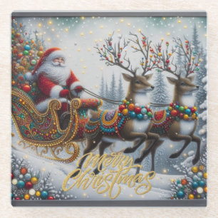 Klassischer Weihnachtsmann und Rentiere Glasuntersetzer